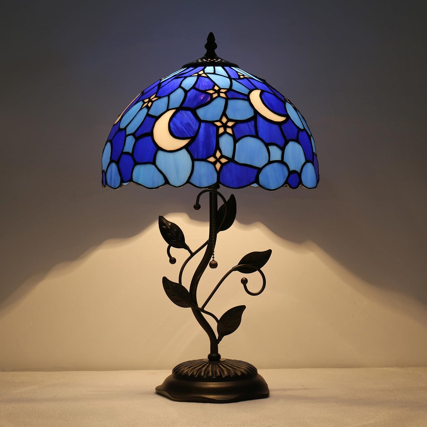 TFNTCYG Tiffany Style Table Lamp,Stained Glass Moon Table Lamp,12X12X19 Inch Reading Light, Metal Leaf Base Antique Glass Desk Decor Lamp.