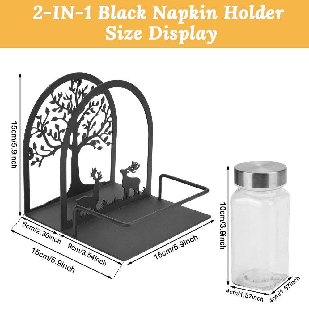 FHUIEWRY Napkin Holder for Table, Napkin Dispenser with 3pcs Salt Pepper Shakers Tree & Deer Design Metal Serviette Holder Basket, Standing Paper Napkin Storage for Kitchen Dining Table Decor, Black