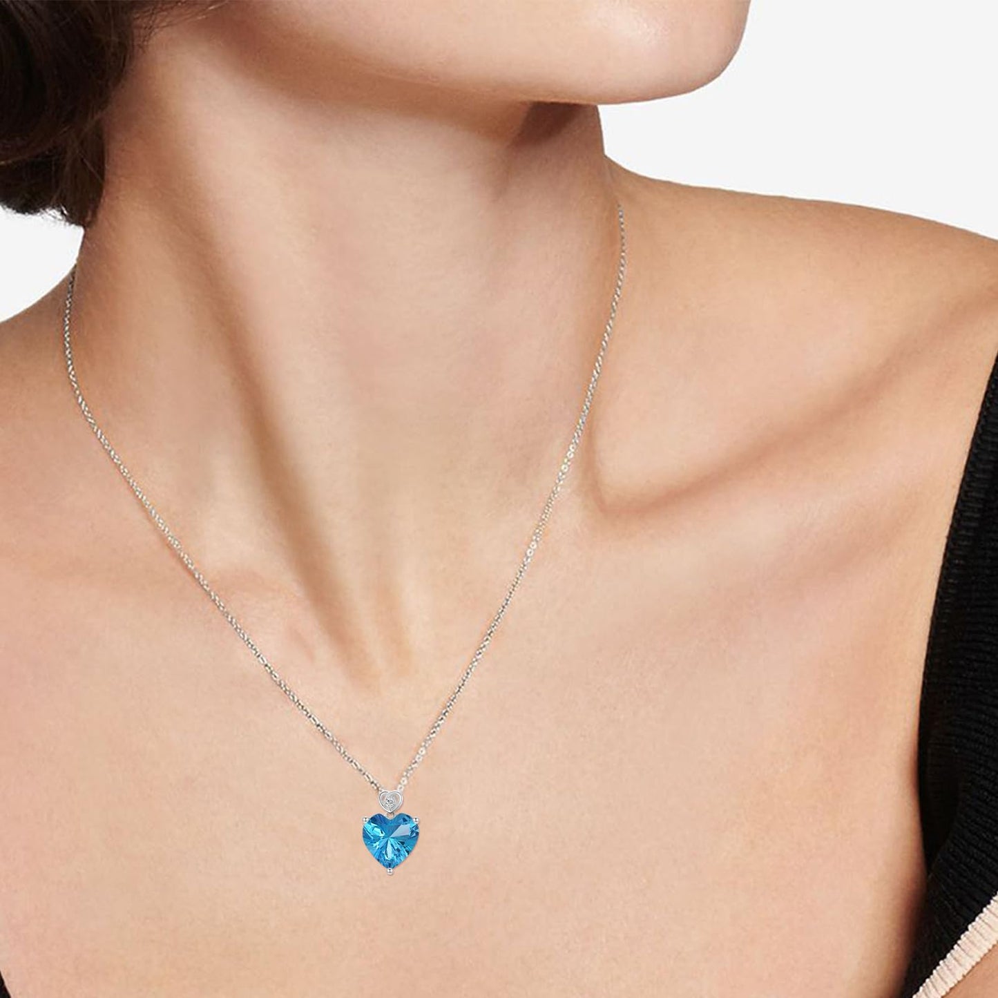 NFYBD 14k White Gold Love Heart Blue Topaz Birthstone Pendant Necklace for Women 3 Carat Heart-cut Created Gemstone Anniversary Birthday Mother's Day Necklaces for Her-topaz