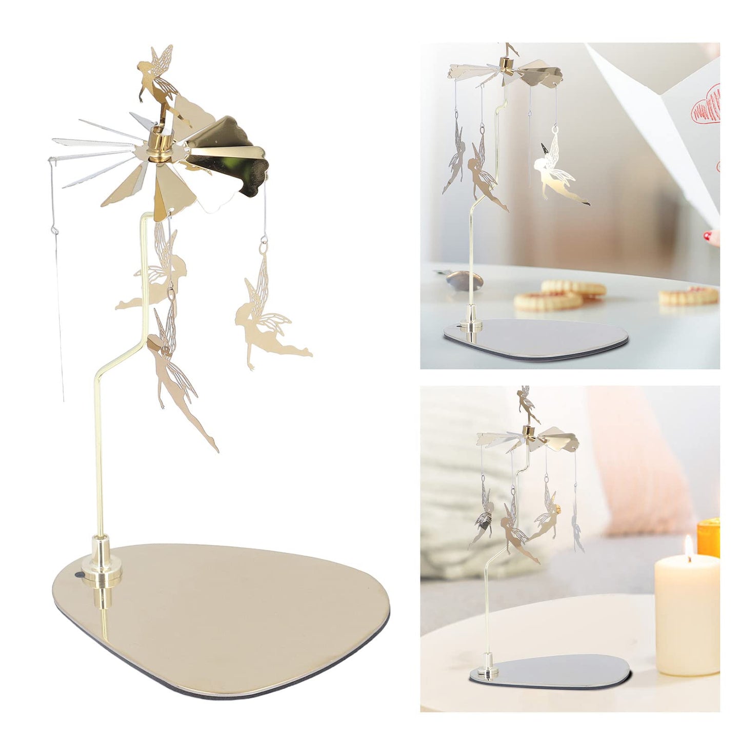 Cunyuer Candle Carousel Spinner, Rotarys Candle Holder Spinning, Gold Metal Flying Angels Tea Lights Candles Holder, Romantic Scandinavian Designed Ornament for Wedding Christmas