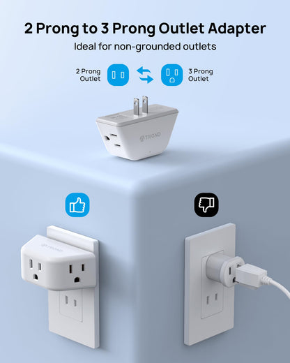 TROND Multi Plug Outlet Extender 2 Pack - Electrical Wall Splitter, 3 Way Angled Wall Outlet Adapter, Cruise Essentials, Small Multiple Plug Expander for Cruise Ship Home Office Dorm Room, White