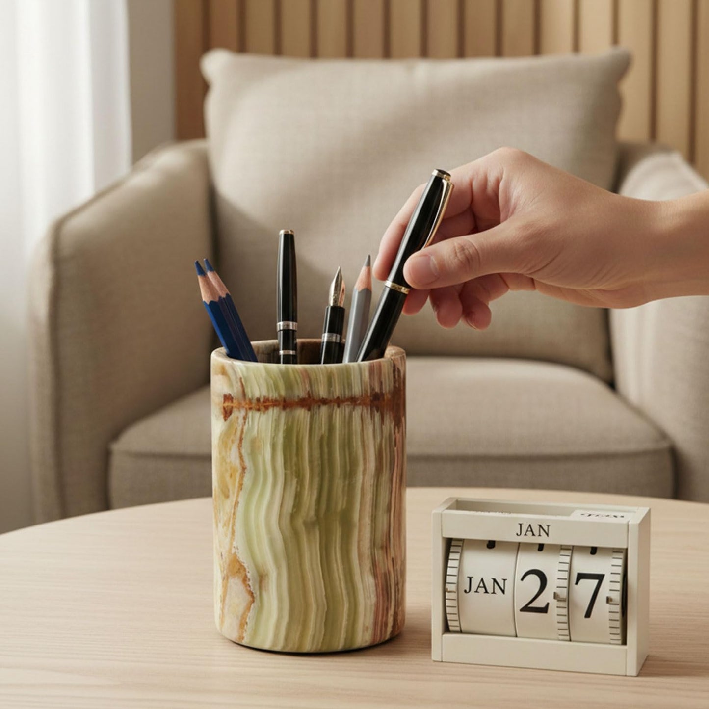 Radicaln Marble Pen Holder For Desk 4" Inches Green Onyx Handmade Marble Toothbrush Holder & Pen Holder For Home Decor, Ideal Pencil Holder For Desk Organizer