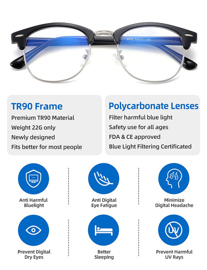 SOAR&EAGLE 3 Pack Blue Light Blocking Glasses,Computer Gaming Glasses,Retro Semi Rimless UV400 Clear Lens Computer Eyewear