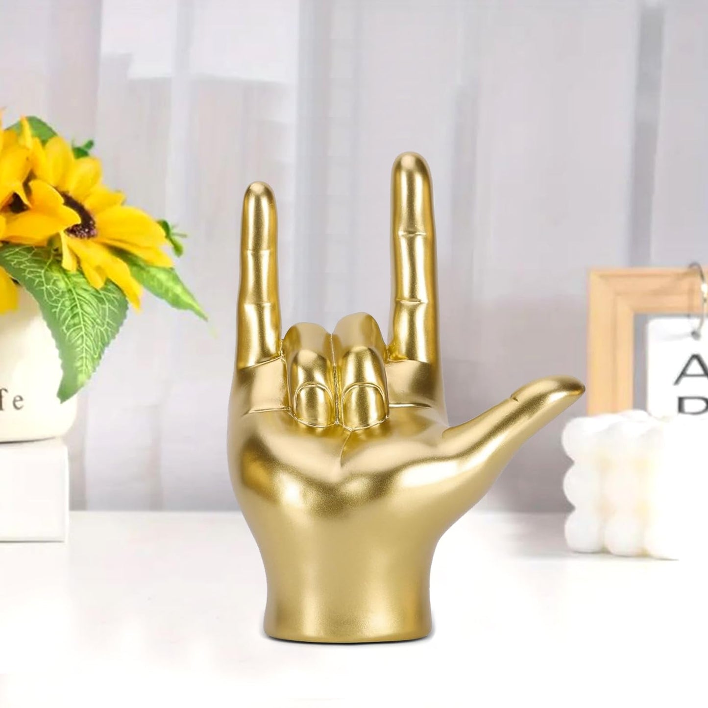 Gold I Love You Hand Sign Gesture Statue Rock and Roll Culture Hands Decor