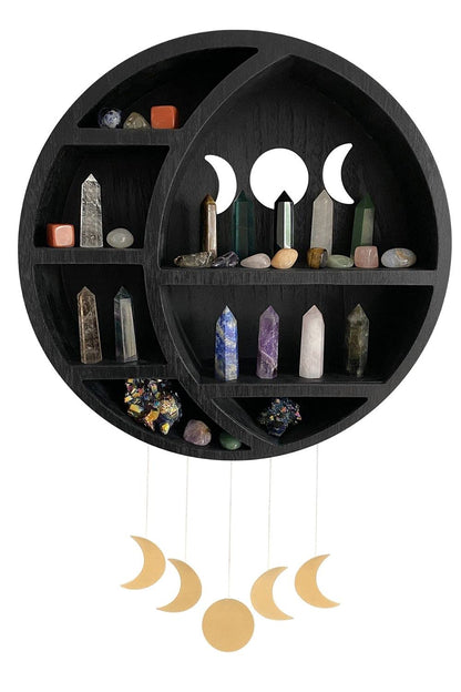 Ella & Emma Wooden Moon Shelf for Crystals - Crescent Moon Crystal Shelf, Storage & Wall Hanging Shelves for Bedroom Aesthetic, Moon Phase Wall Decor & Crystal Display Shelf, Pinewood, Black