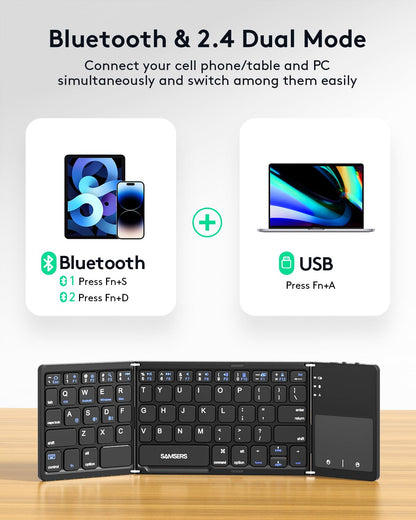 Samsers Foldable Bluetooth Keyboard with Touchpad - Portable Wireless Keyboard with Holder, Rechargeable Full Size Ultra Slim Pocket Folding Keyboards for Android Windows iOS Tablet & Laptop - Black