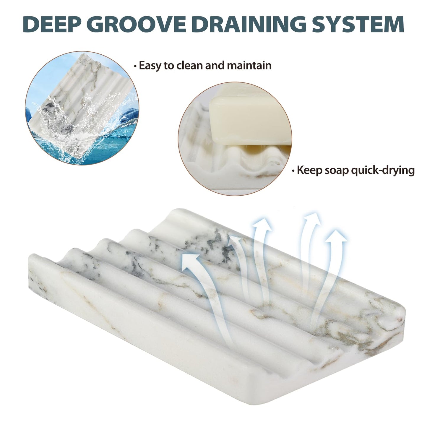 Koville African Natural Marble Soap Dish for Shower, Stone Soap Tray for Bathroom, Bar Soap Holder for Sink, Stripe Grooves Soap Saver Stone Dish Keep Bars Dry Easy Clean (Namib Bianco)