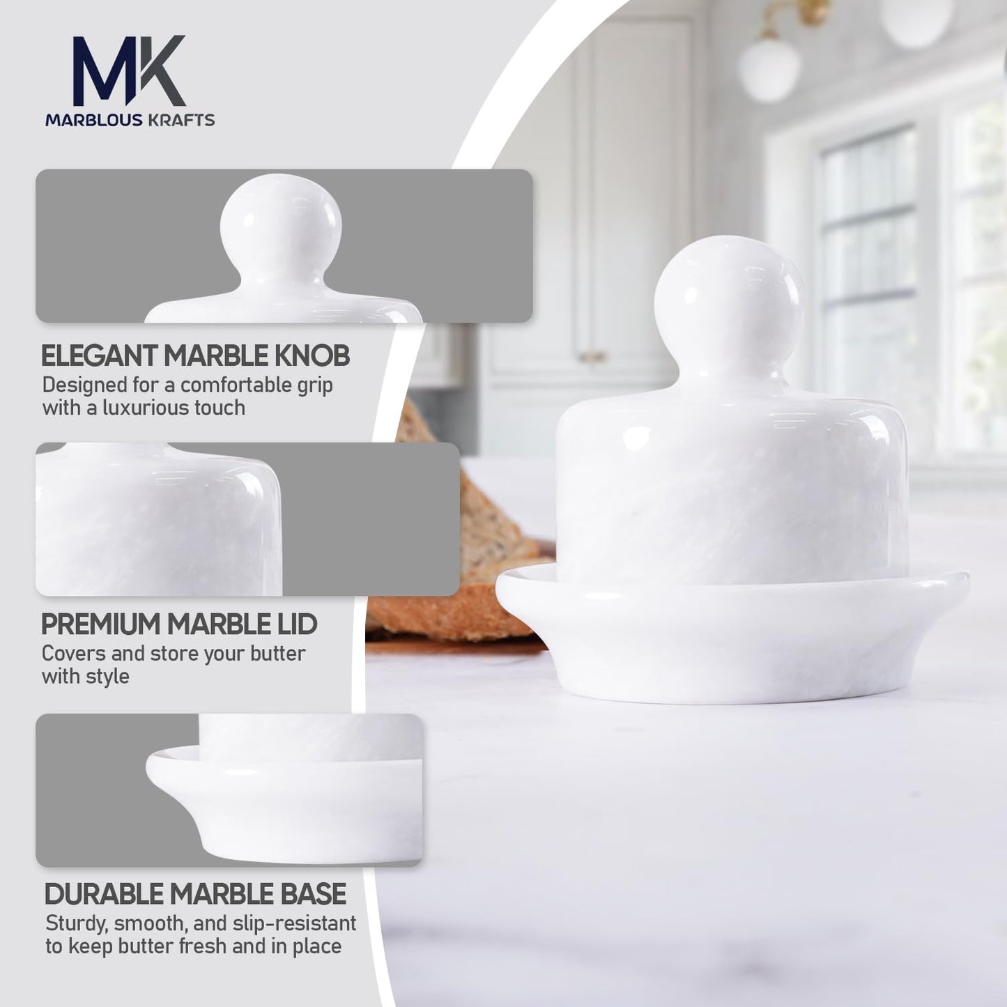 Marble Mini Butter Dish with Lid 4 Inch White French Butter Crock, Soft Butter Spreader, Butter Keeper for Kitchen Décor and Storage, Gift for Her Mother’s Day