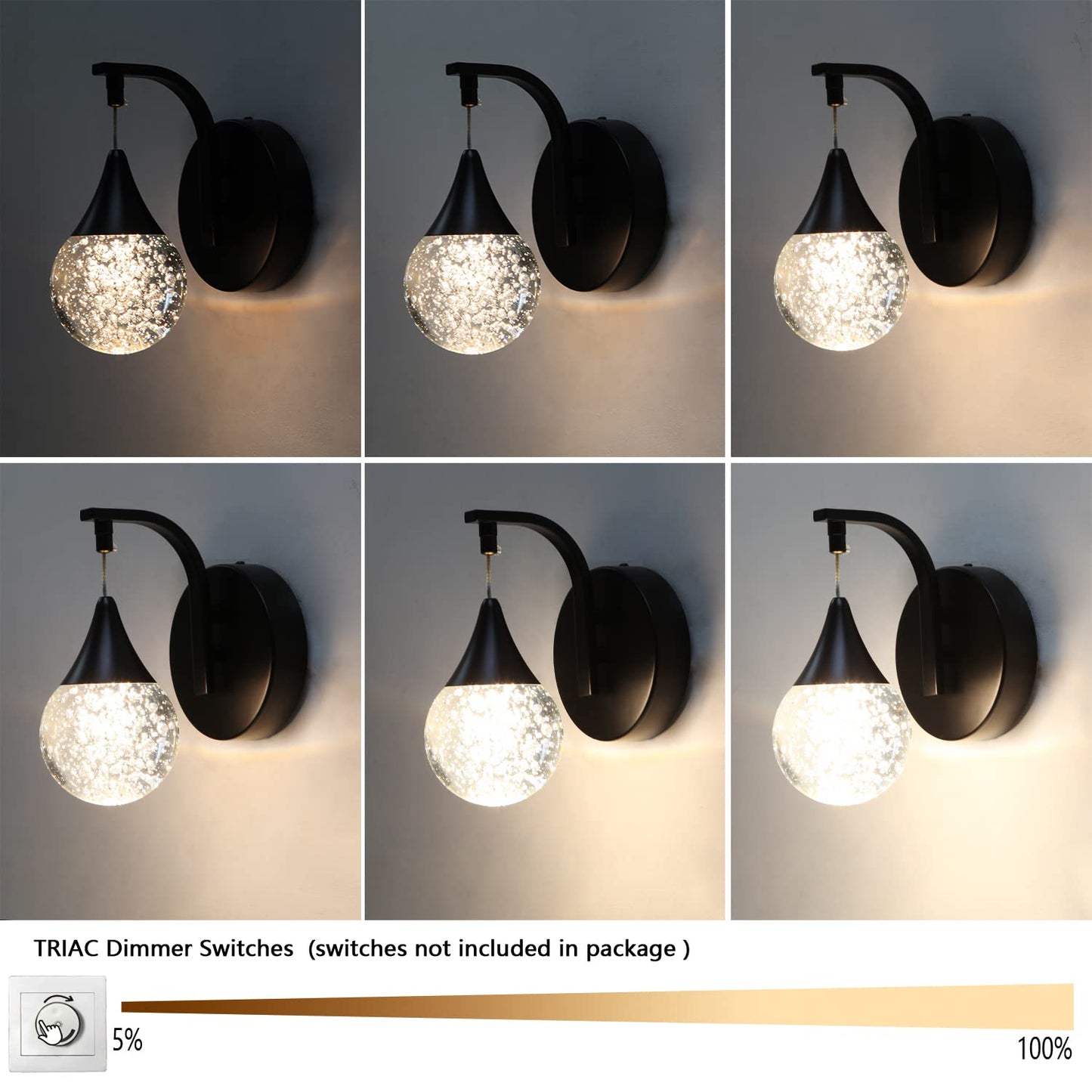 Sedelan Modern Crystal Bubble Wall Sconce, 5W Dimmable LED Wall Light Fixture, 3300K Warm White Indoor Wall Lighting, Matte Black for Bedroom Bedside Living Room Bathroom Hallway