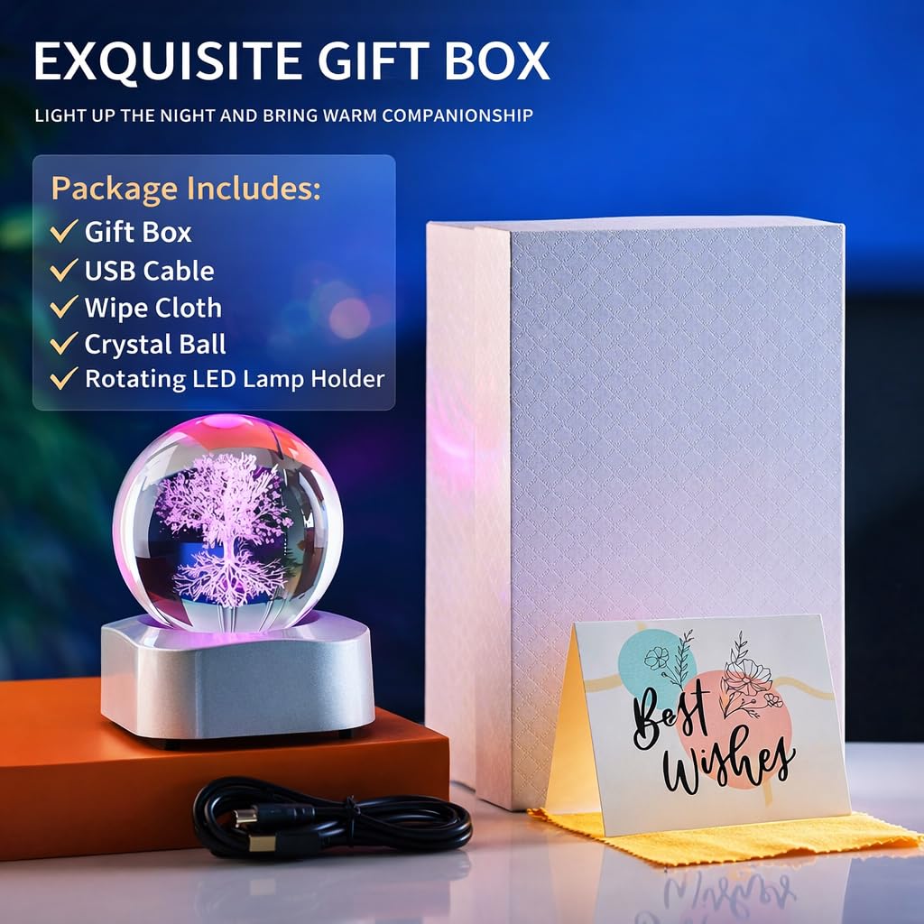 Zerelys 3D Tree of Life Crystal Ball Night Light for Women Men Boys Girls, 3.15 Inch LED Crystal Lamp with Automatic Rotating Light Led Base, Birthday Gift for Kids, Bedroom Decor with Gift Box