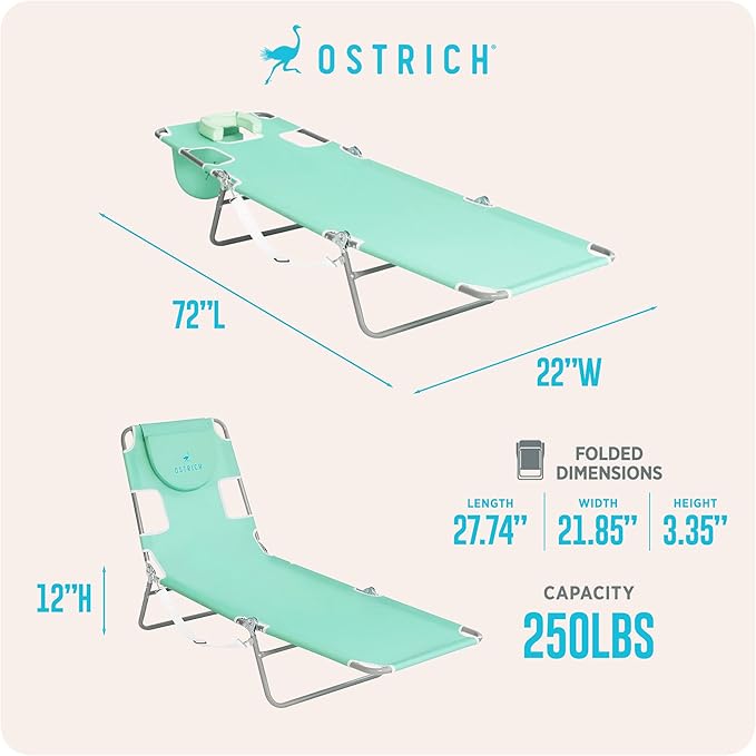 Ostrich 4-Position Outdoor Chaise Lounge w/Face Cushion & Arm Holes, Teal - Lightweight Folding Lounger w/Adjustable Reclining Backrest, Portable w/Carry Strap, 250 lb Weight Capacity