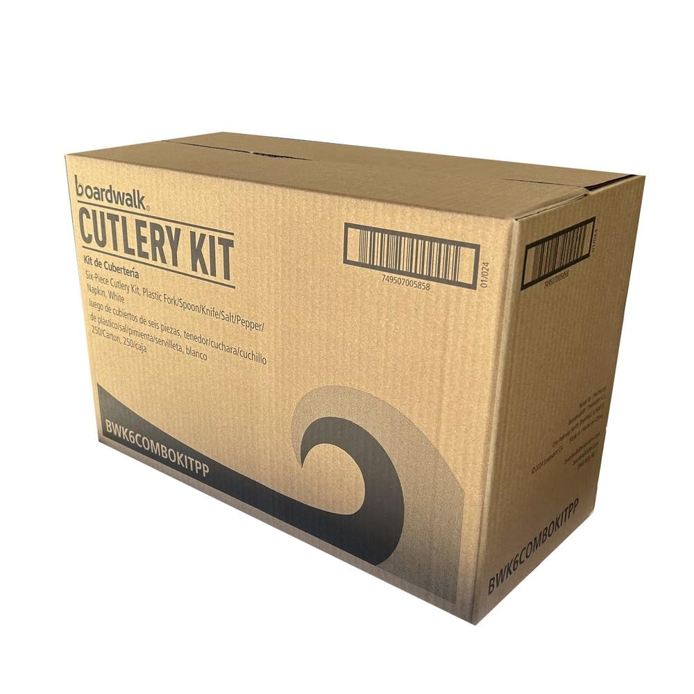 Boardwalk Three-Piece Disposable Cutlery Kit, 250 Count, Fork/Knife/Spoon/Napkin, Salt & Pepper, Medium Weight, Plastic, White, Individually Wrapped