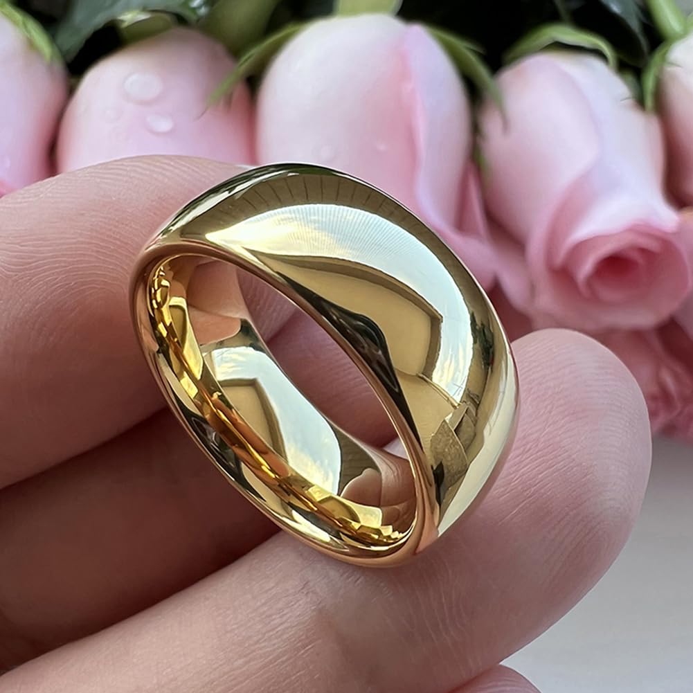 TUTISS 8mm Gold Tungsten Rings for Men Women Engagement Wedding Bands Domed Polished Comfort Fit Size 9