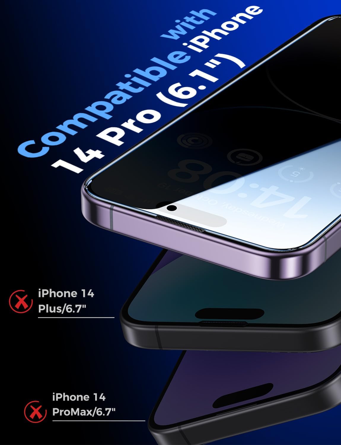 MAGIC JOHN 2 Pack for iPhone 14 Pro Privacy Screen Protector 6.1 inch[Not Max], Tempered Glass, Auto Dust-Elimination Installation, Bubble Free, Anti Scratch, Case Friendly