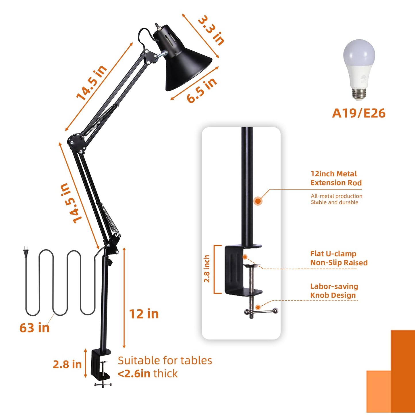 Desk Lamp With Clamp for Home Office, Eye-Caring Clip on Light with Adjustable Extra Tall Metal Swing Arm, High Intensity Clamp Lamp w/LED Bulb, Architect Task Table Lamps for Study, Workbench-B/5000k