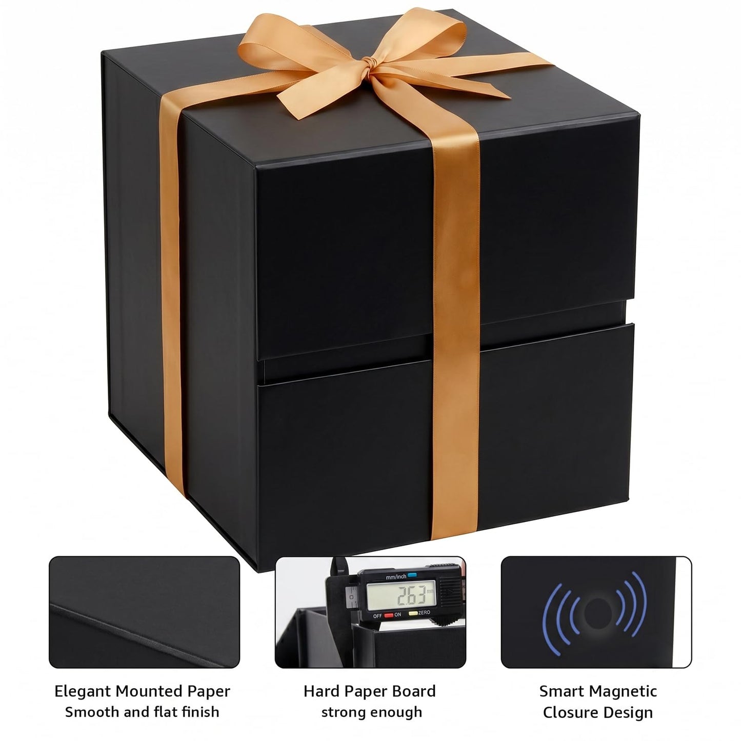 LIFELUM Square Gift Box with Magnetic Lid, Card, Sticker, Ribbon, Shredded Paper Filler for Business, Wedding, Birthdays (Black, square - 10.2 inch, 1 count (Pack of 1))