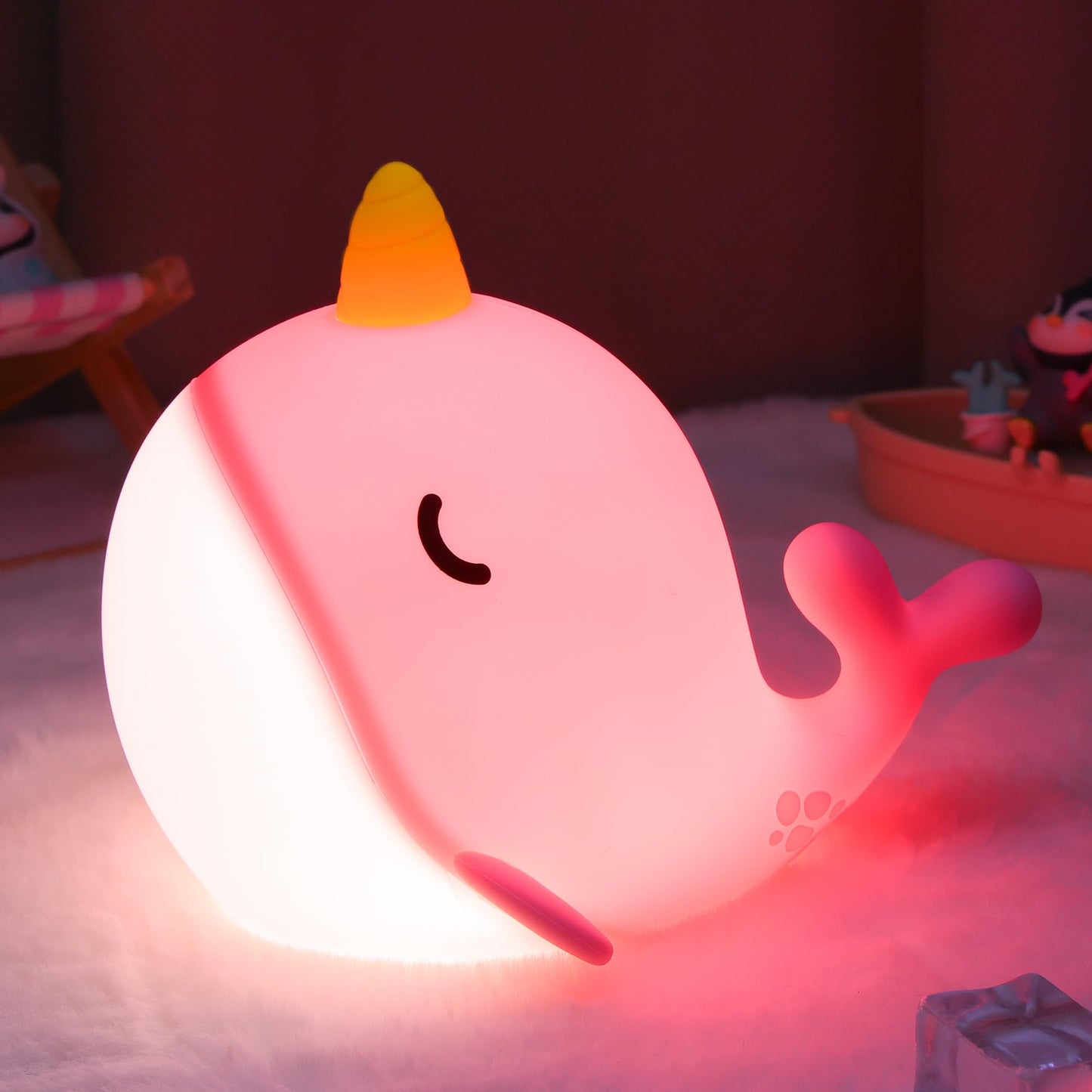 Ammonite Pink Narwhal Night Light, Soft Silicone Whale Nursery Lamp with 3 Dimming Levels and 30-Minute Timer, Touch Control Nightlight for Bedroom Decor, Christmas Birthday Gift