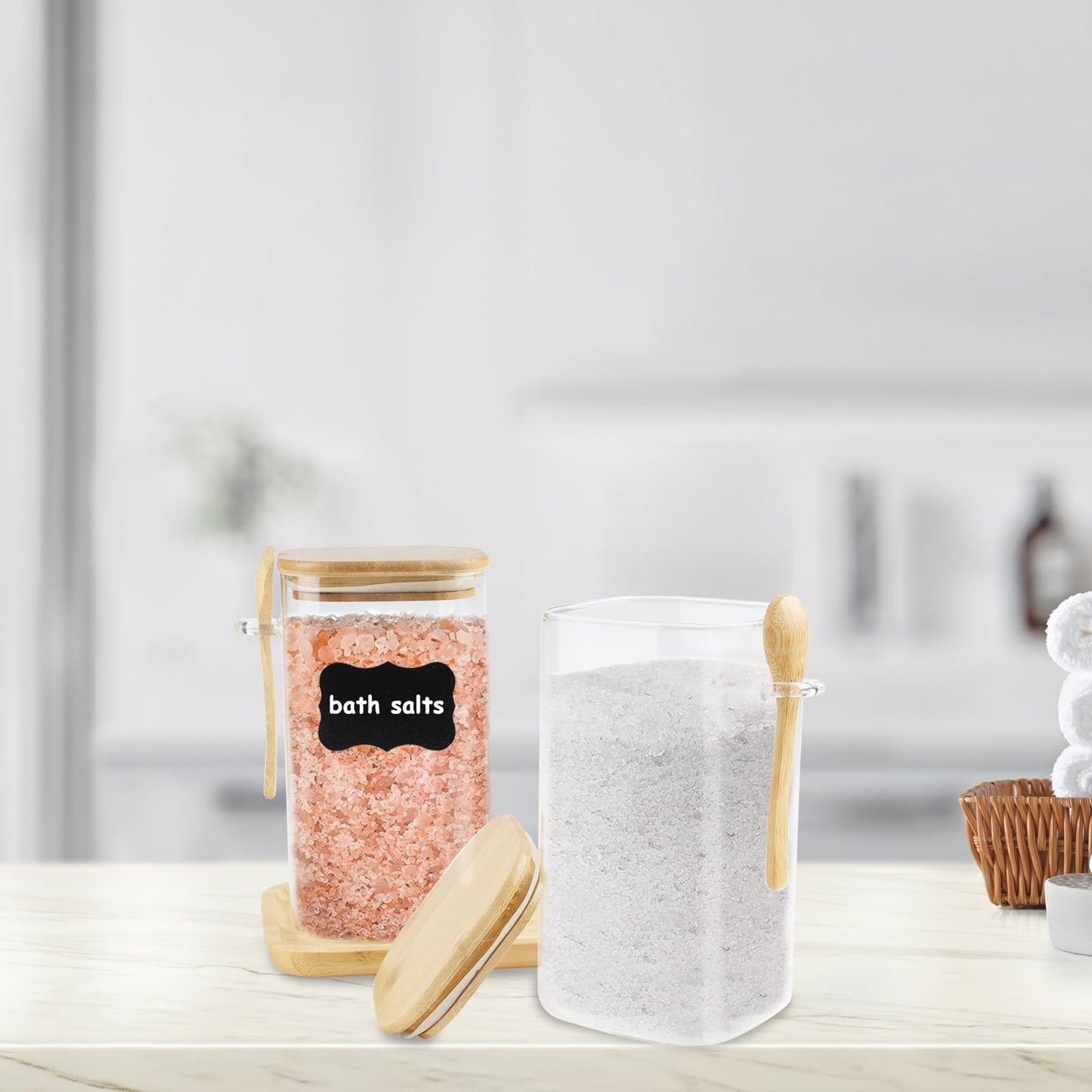 Glass Bath Salt Jars,40oz Bath Salt Container with Scoop and Airtight Lid,Clear Bathroom Salts Cellar Set for Jars with Tray,Labels and white Markers,Bathroom Decor Bathtub Accessories for Women