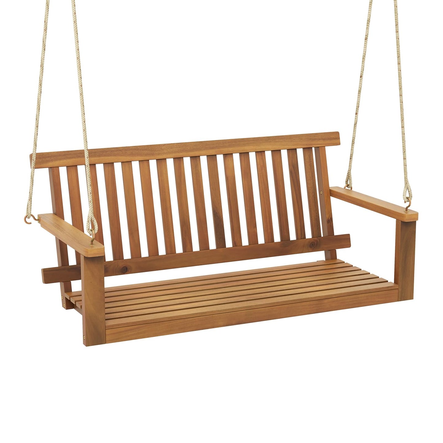 Tangkula 2 Person Hanging Porch Swing, Wooden Patio Swing with 2 Hanging Hemp Ropes, Slatted Seat & Back, 800Lbs Acacia Wood Outdoor Swing Bench for Backyard Deck Garden