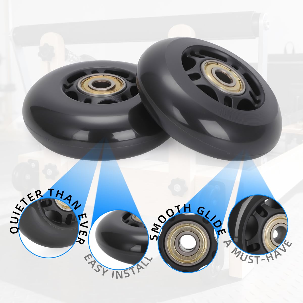 4PCS Silent Pilates Reformer Wheels PU Rollers Easy Installation, Black