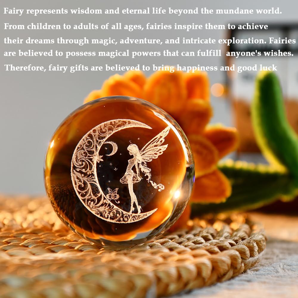 ZRENJHUS Moon Fairy Crystal Ball Decorative Ball 60mm Fairy Glass Sphere Decor 3D Dreamy Engraving Gifts for Girls Women Fairy Lovers Wedding Gift with Light Base