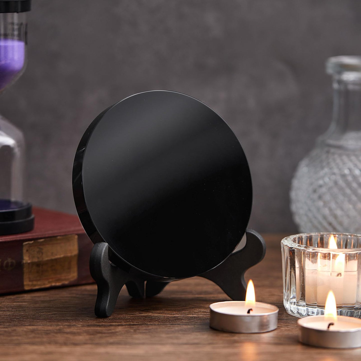 Kathfly 1 Pcs Black Obsidian Scrying Mirror 3.94 in with Wood Stand, Obsidian Crystal for Meditation, Witchcraft, Divination Tools, Spiritual Practices Home Desk Decor Gothic Craft(10 Cm)
