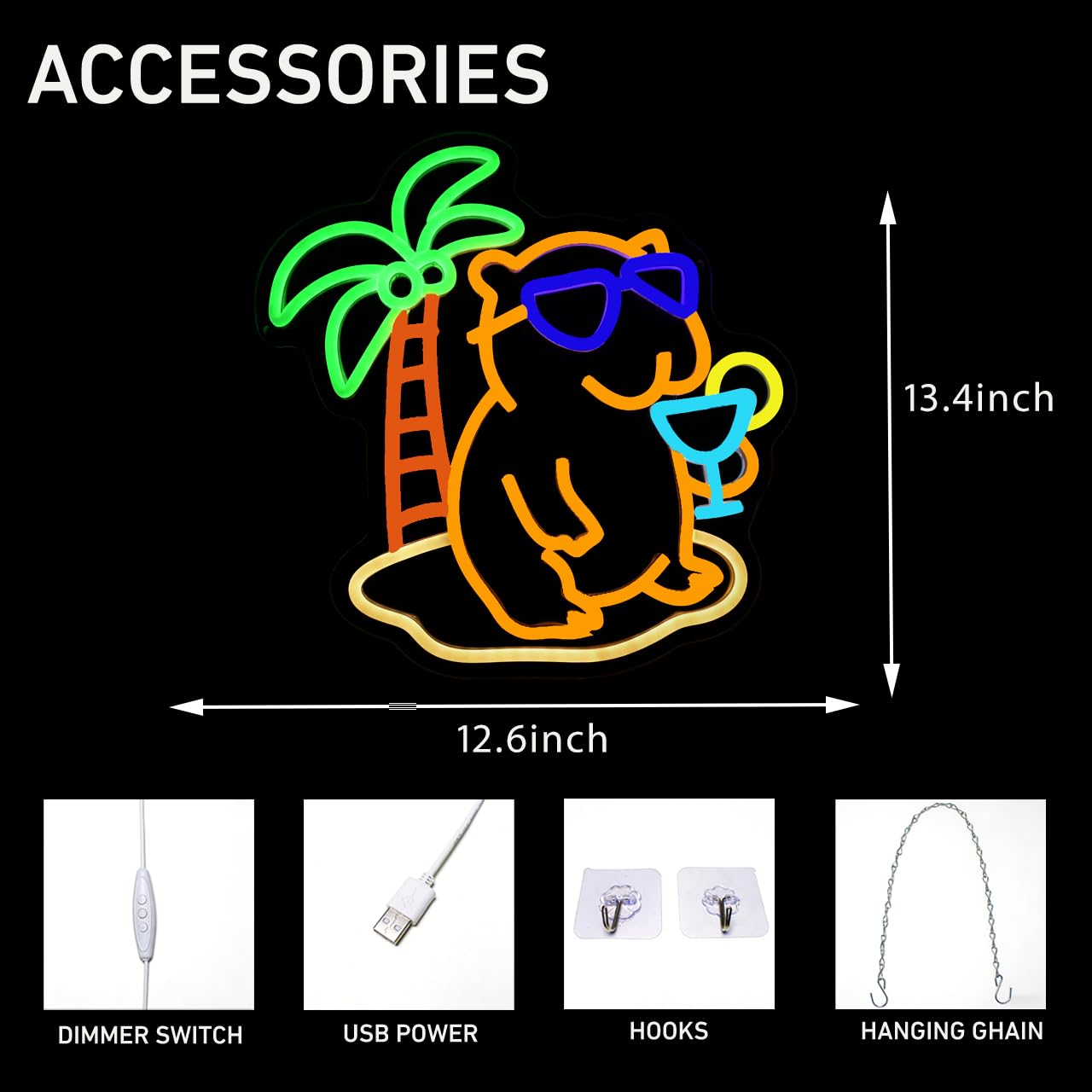 GYCLFNDDONG Beach Capybara Neon Sign Cocktails Ber Neon Sign for Wall Decor, Dimmable LED Beer Light Sign with USB Power for Bedroom Pub Bar Shop Party Man Cave Gift Decor