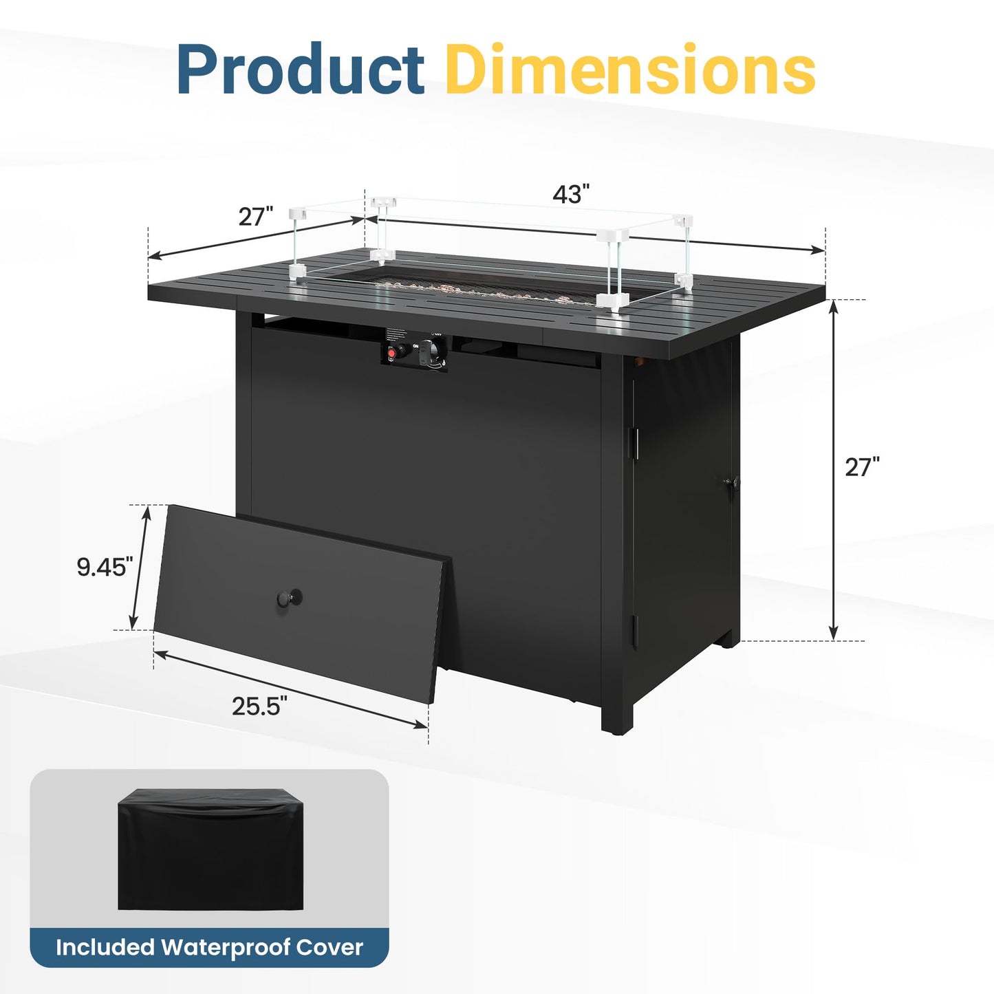 FansaFurn 43'' Propane Fire Pit Table, 50000 BTU Gas Fire Pits Table with Removable Lid and Lava Rock, Rectangular Fire Table with Cover, Ideal for Dining or Party on Patio, Garden, Yard, Black
