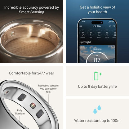 Oura Ring 4 - Silver - Size 8 - Smart Ring | Size First with Oura Ring 4 Sizing Kit | Sleep Tracking Wearable - Heart Rate - Fitness Tracker - Up to 8 Days Battery Life