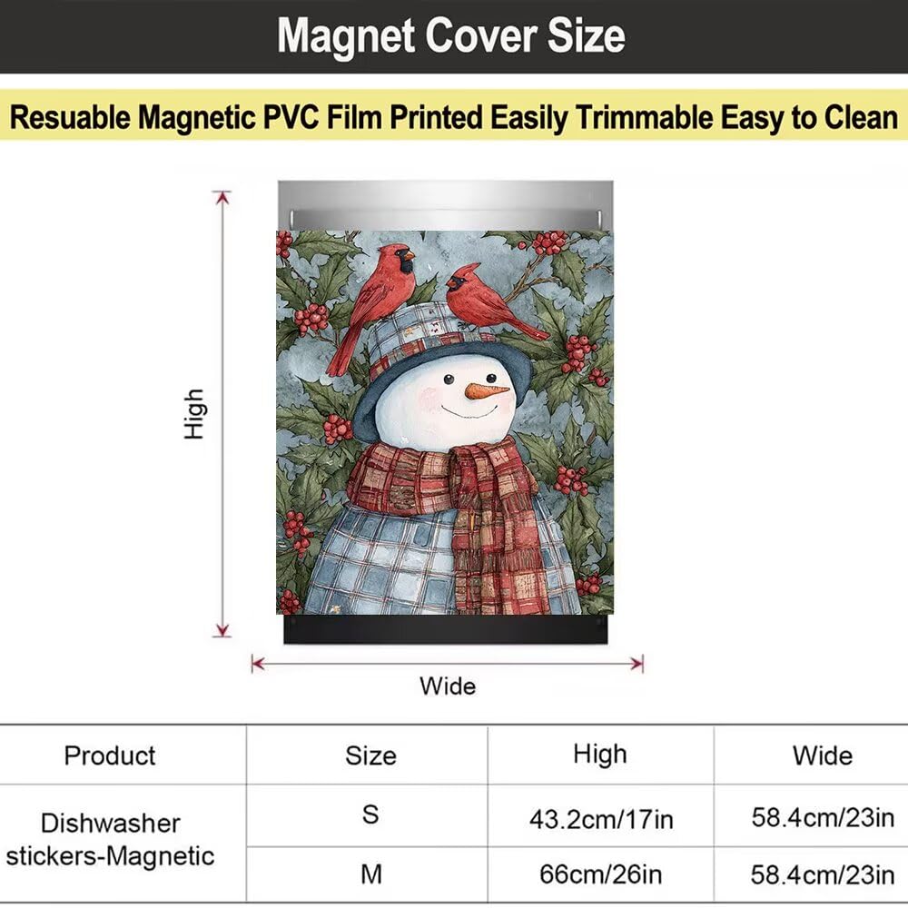 Snowman Dishwasher Magnet Cover - Holiday Kitchen Christmas Decorative, Cardinal Birds Magnetic Dishwasher Cover, Xmas Wreath Decal Dishwasher Magnetic Sticker, 23"x26"