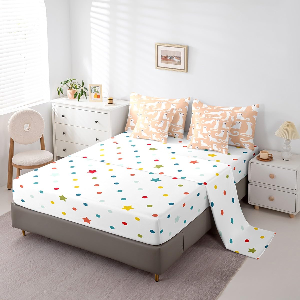 White Ferret 7 Piece Comforter Set Full Bed in a Bag,Kawaii Bedding Sets Cute Wild Animals Comforter and Sheet Set,Cartoon Wildlife Pet Minks Weasel Animal Room Decor