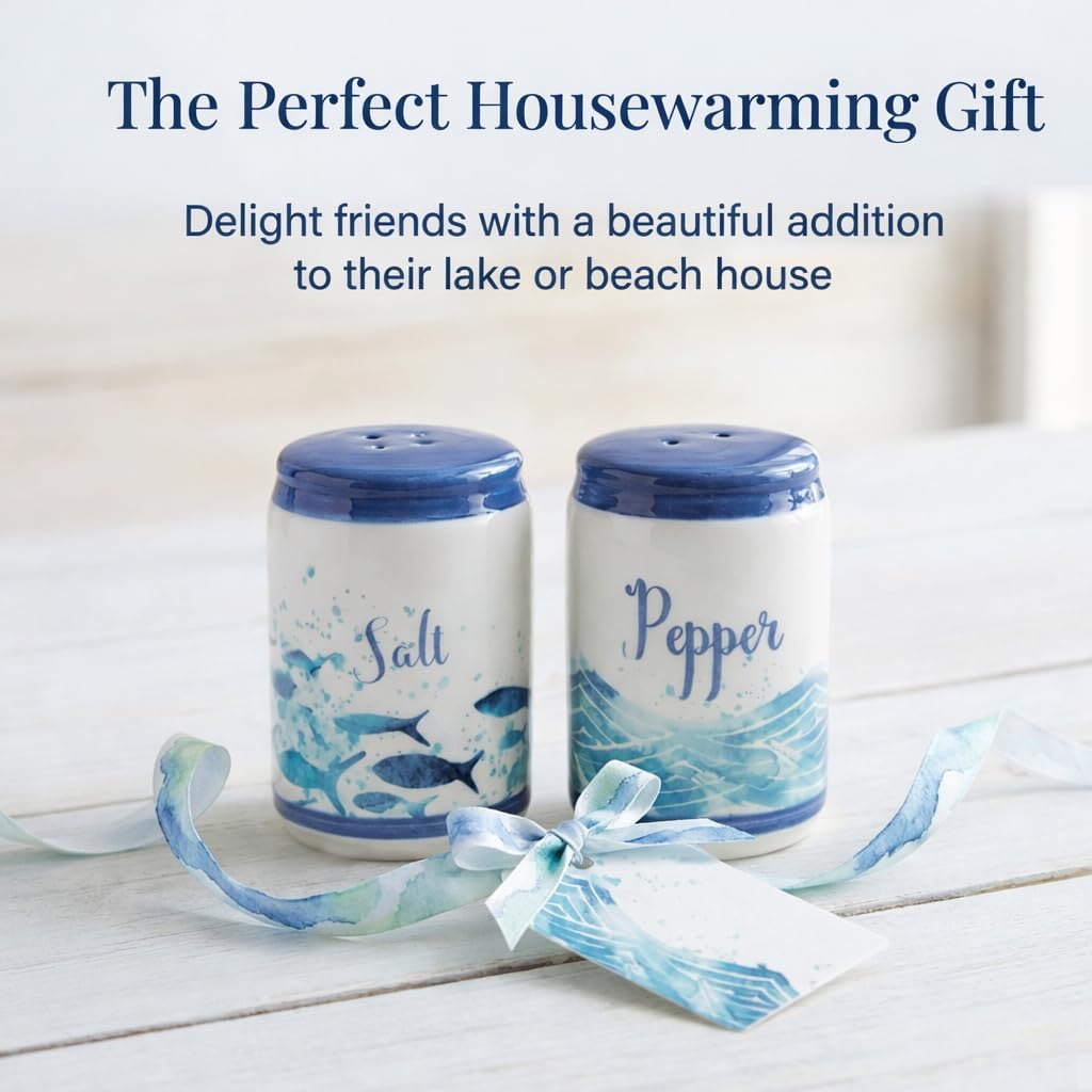 Beachy Blue Fish & Ocean Waves Ceramic Salt & Pepper Shakers