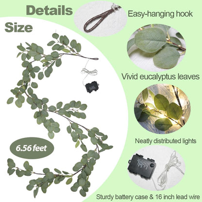 6.56FT Eucalyptus Garland with Lights 96 LEDs 8 Modes Battery Operated with Timer Faux Twig Vine Lights Spring Greenery Garlands for Mantle Fireplace Wall Table Stairs Wedding Party Bedroom Home Decor