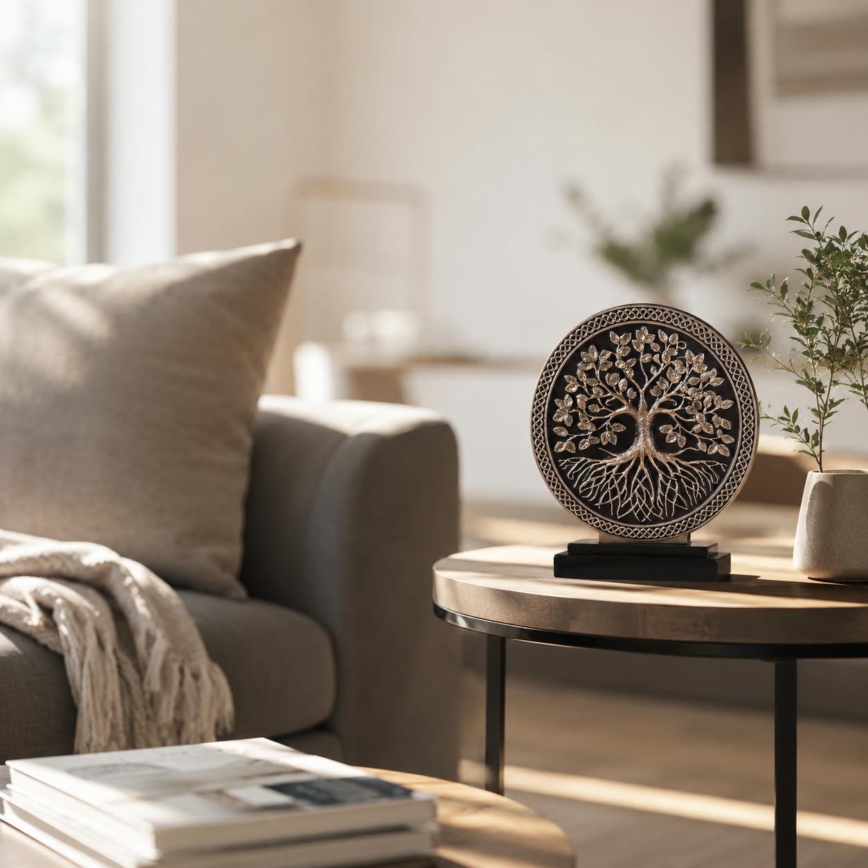 WUBIANJIE Tree of Life Statue Resin Sculpture for Home Decor, Hand Painted Tree Sculpture with Round Relief Design, Decorative Figurine for Living Room Shelf Tabletop Entryway Office