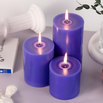KONNI Violet Pillar Candles Set of 3, 3"x 4" Unscented Pillar Candles Bulk, 39 Hours Long Burning Candles, Smokeless and Dripless Large Round Candle for Wedding, Home Decoration, Parties, Spas, Dinner