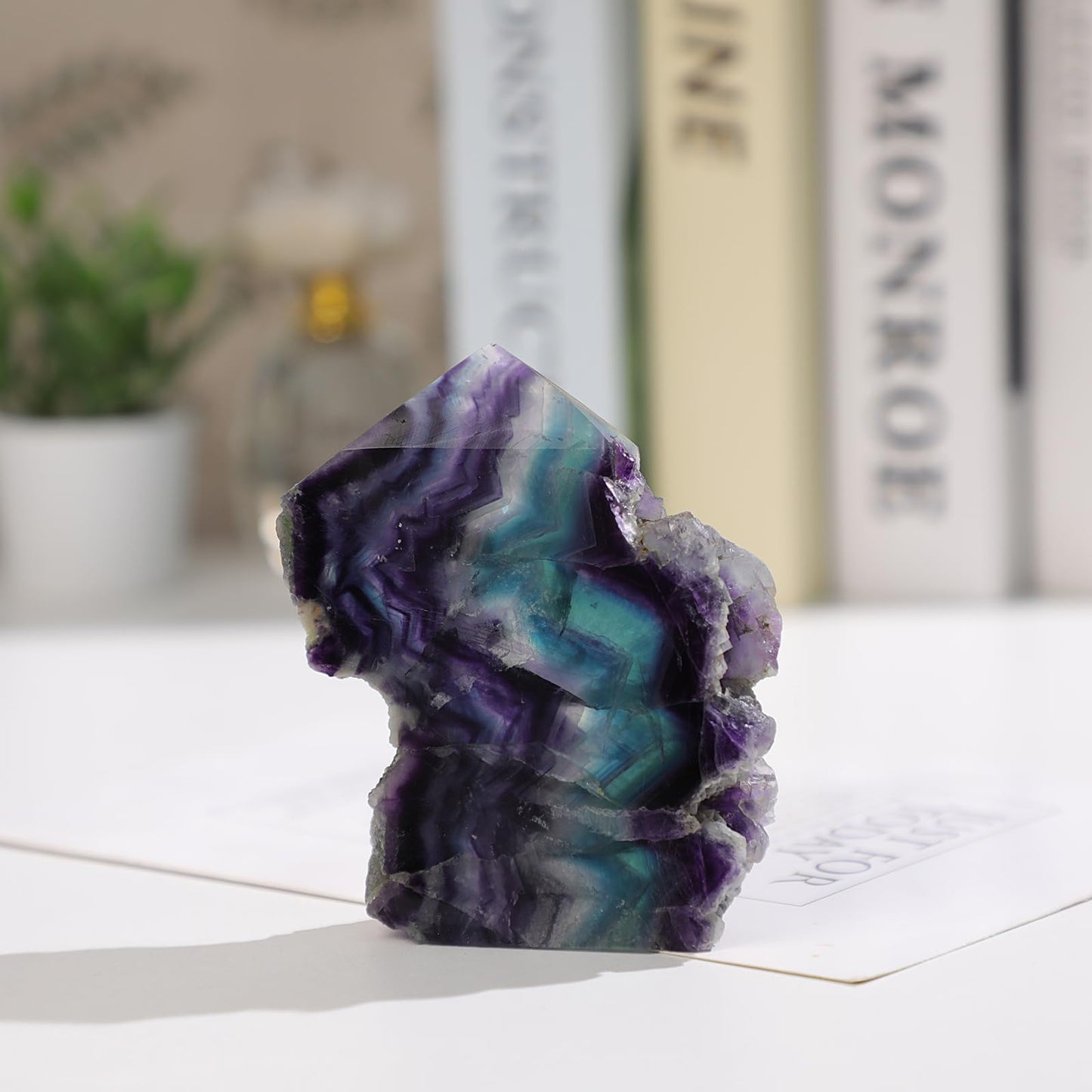 mookaitedecor 0.44-0.77 LB Natural Fluorite Crystal Obelisk Tower Specimen, Irregular Rough Stone Mineral Slab for Healing Meditation Home Decor