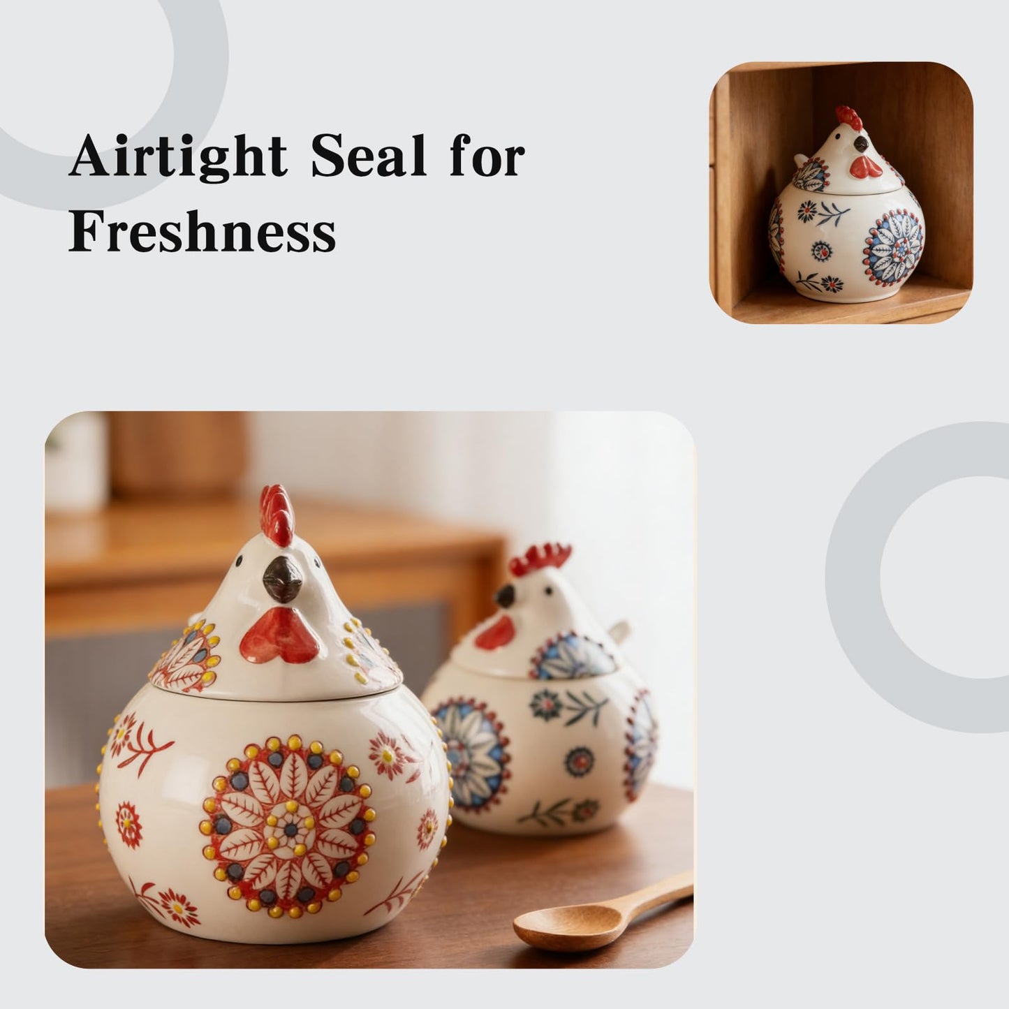 HPZIHYNAP 2 PCS,Ceramic Salt Cellar With Lid and Spoon,13-ounce Chicken Salt Shaker,Perfect for Kitchen Decor,Countertop Spice Rack (Red + Blue)