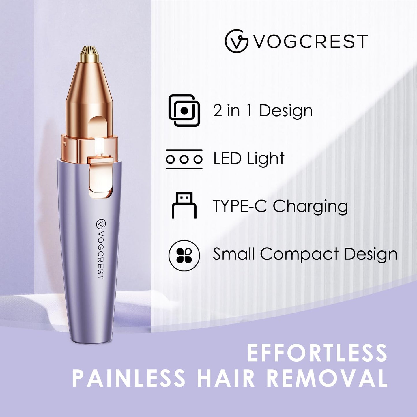 VG VOGCREST Eyebrow & Facial Trimmer: 2 in1 Rechargeable Facial Hair Removal & Eyebrow Shaver - Body Razor with Built-in LED Light (Rose Gold)