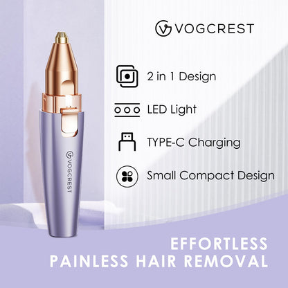 VG VOGCREST Eyebrow & Facial Trimmer: 2 in1 Rechargeable Facial Hair Removal & Eyebrow Shaver - Body Razor with Built-in LED Light (Rose Gold)