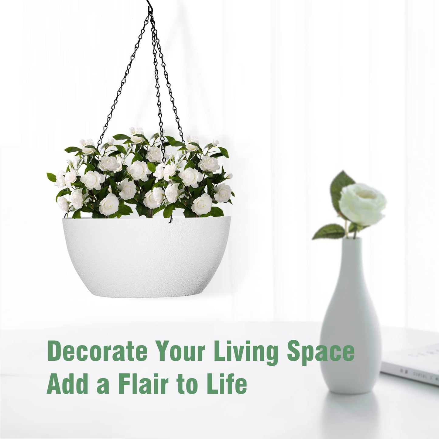 WSMKSZ 10 inch Hanging Planters for Outdoor Indoor Plants with Drainage Holes and Chain, 2 Pack Round Hanging Flower Plant Pots for Garden Home Porch Decor, White