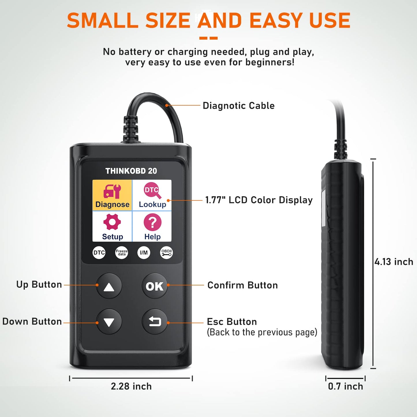 THINKCAR OBD2 Scanner ThinkOBD 20 Code Reader, Clear Engine Fault Light, OBD Reader with Reset EVAP/O2 Sensor Test I/M Readiness Live Data Diagnostic Scan Tool for All OBDII Cars Since 1996