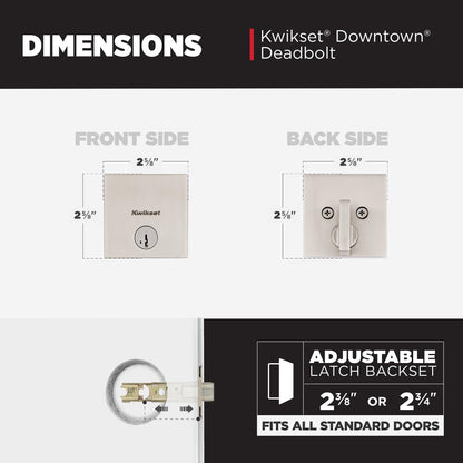 Kwikset Downtown Deadbolt Lock, Matte Black Square Exterior Keyed Front Entry Door, Pick Resistant SmartKey Rekey Security, Single Cylinder Dead Bolt, with Microban Protection
