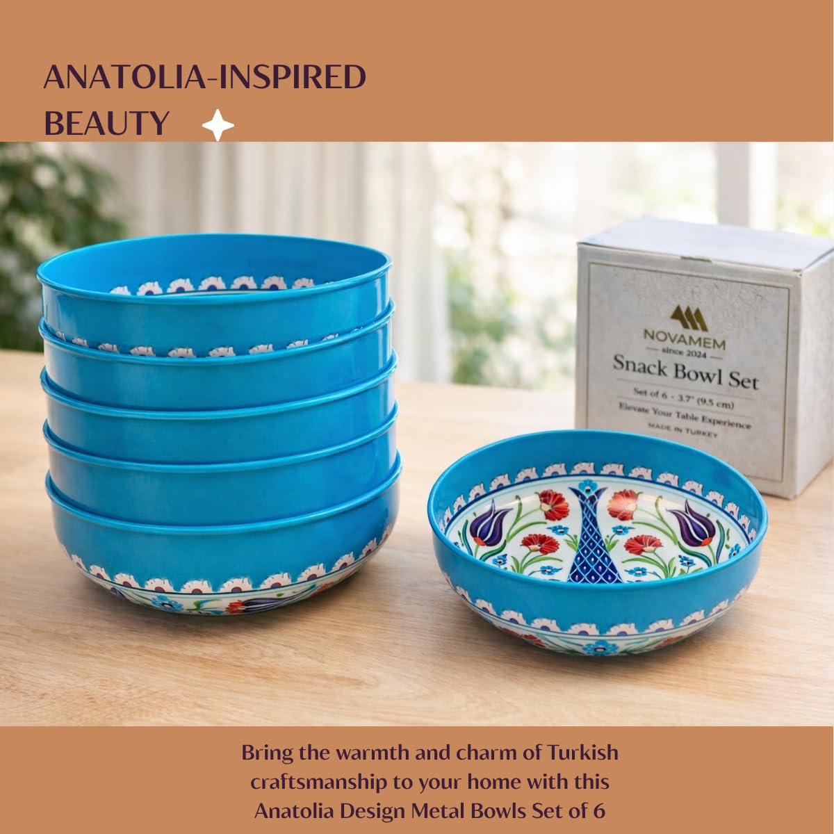 NOVAMEM 6 Pack Metal Snack Bowls – Lightweight & Durable – 3.74 - Inch Small Sauce Bowls - Mediterranean Design–Perfect for Charcuterie, Soy Sauce, Spices, Tapas, Picnics. (Floral Turquoise)