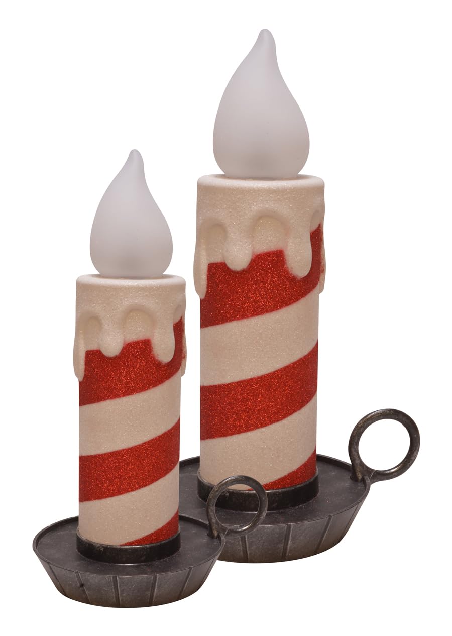 Mark Feldstein & Associates Flameless LED Candy Striped Holiday Taper Chamberstick Candles, Set of 2, 6 and 8 Inch