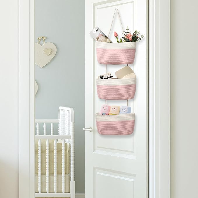 TeoKJ Over the Door Organizer, 3-Tier Woven Cotton Hanging Kitchen Baskets