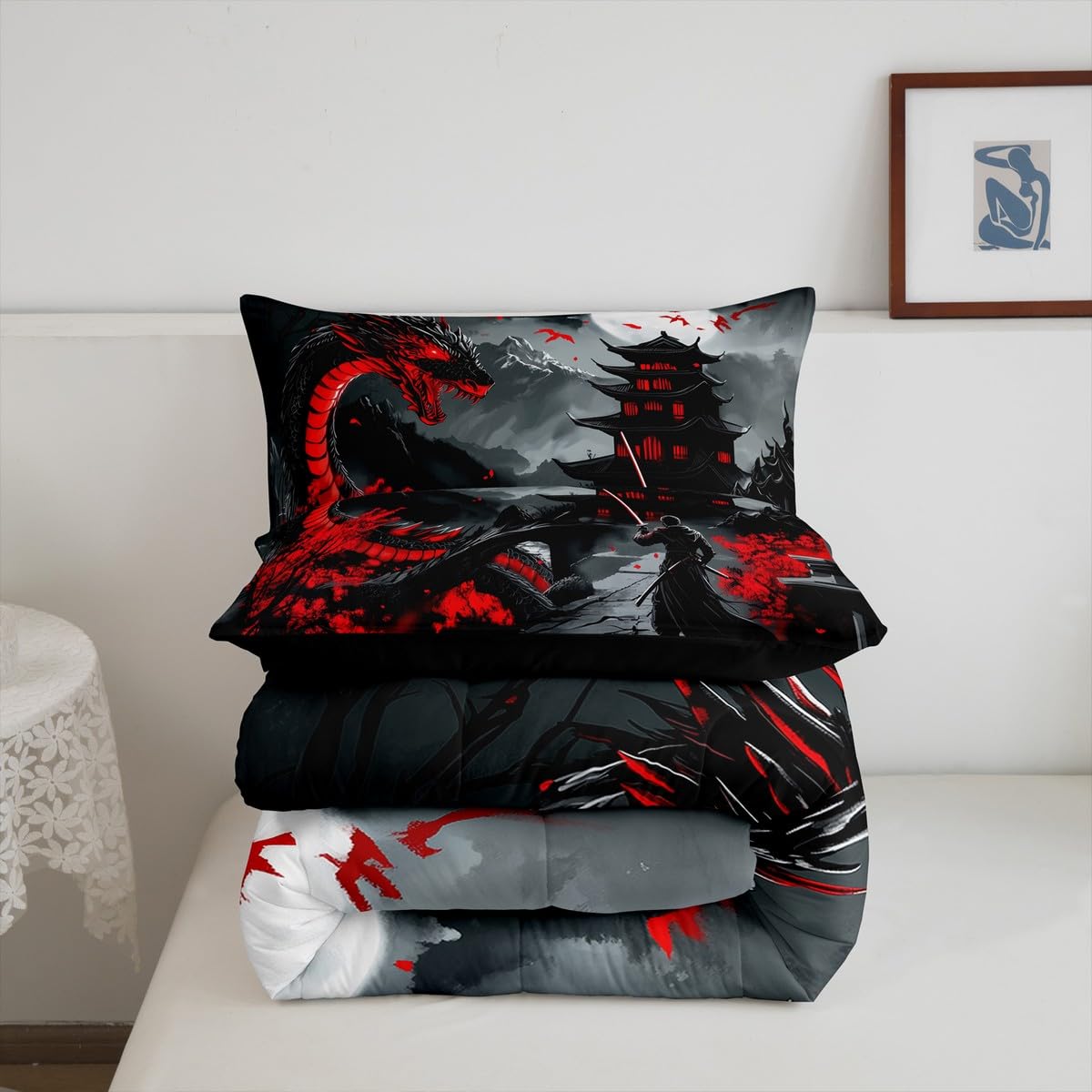 Erosebridal Dragon Bedding Set Full Size, Japanese Style Comforter Set for Teens Youth Adult Men Room, Ancient Animal Quilt, Retro Wildlife Ukiyo-E Down Comforter, Black Grey Red