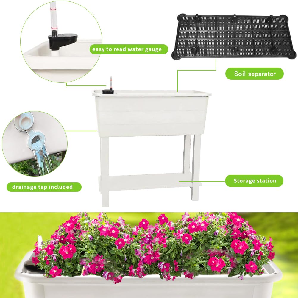 Megawodar 3 Pcs Self Watering Elevated Raised Garden Bed, Large Outdoor Plastic Planter Box Big Flower Plant Pot for Planting Flowers Vegetables and Herbs (3, White)