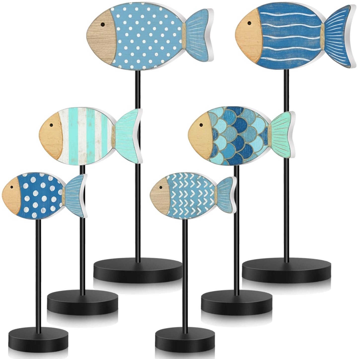Geetery 6 Pcs Wooden Fish Table Decor Summer Ocean Tabletop Centerpiece Sea Animal Standing Sign Rustic Wood Fish Home Decor Coastal Beach Figurines Block for House Office (Cute Style)