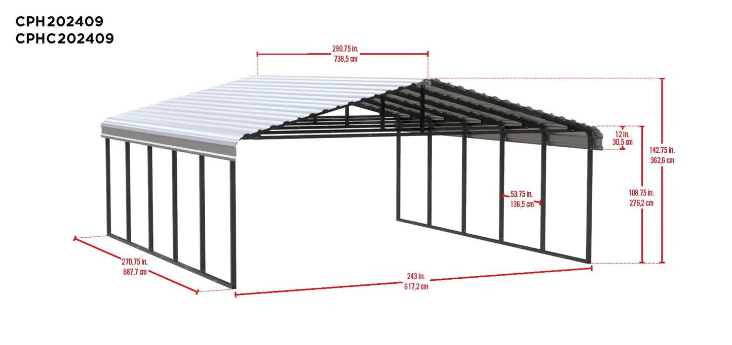 Arrow Carports Galvanized Steel Carport, Double Car Metal Carport Kit, 20' x 24' x 9', Charcoal