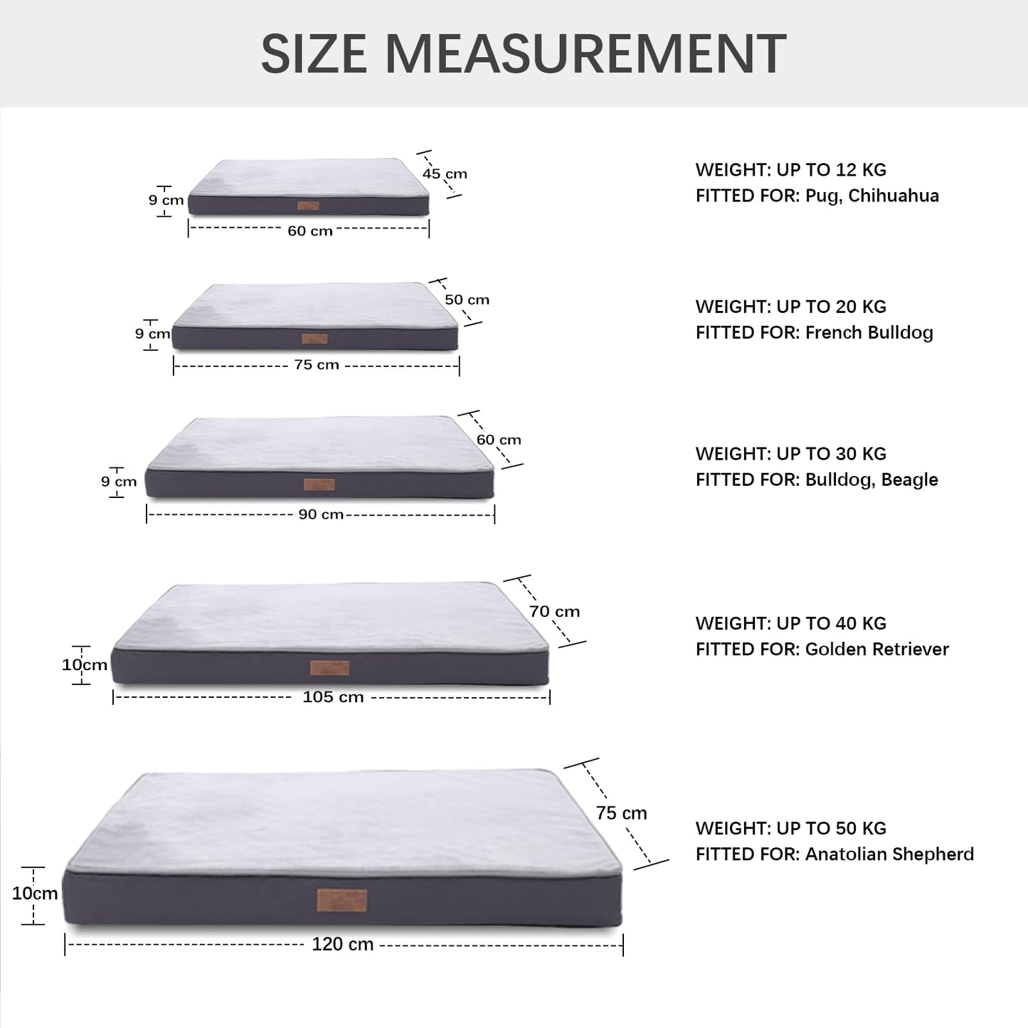 Jaspuriea Large Orthopedic Dog Bed - Washable Waterproof Removable Cover, Anti-Slip, Deluxe Dogs Crate Flannel Mattress, Grey, 90x60x9cm